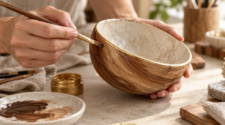 رنگ‌آمیزی طرح چوب و لبه طلایی روی سنگ مصنوعی
